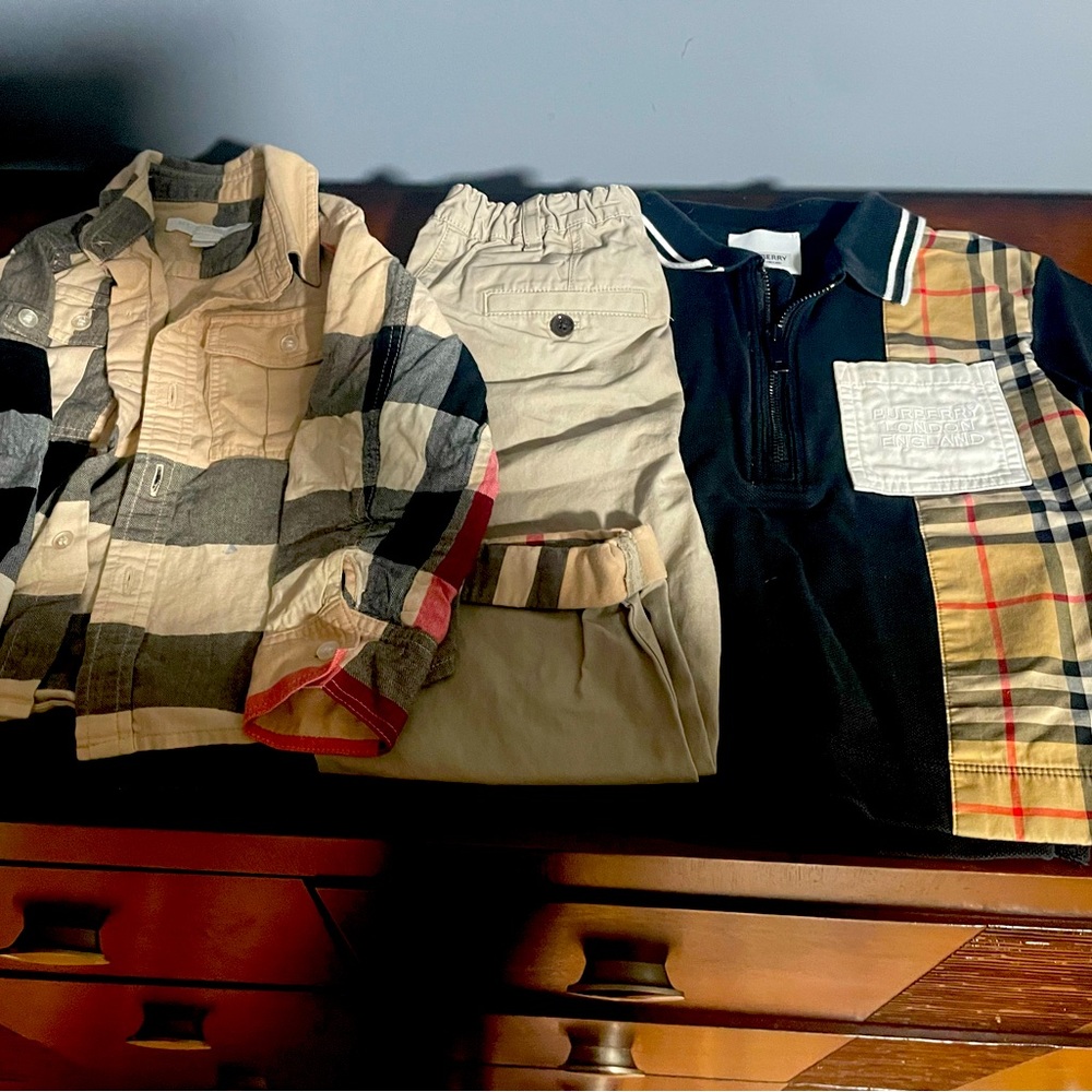Burberry set. Pants, long sleeve button up and short sleeve polo.